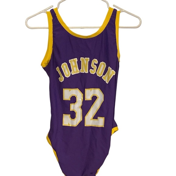 Lakers New #32 Johnson Purple Yellow bodysuit swimsuit sporty halloween costume - Picture 5 of 11